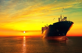 Large ship on the ocean with the sunsetting behind it